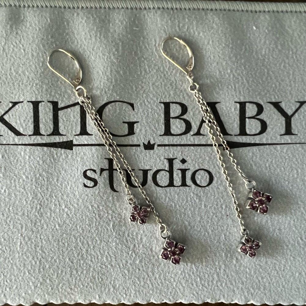 King Baby MB Cross earrings with hanging MB amethyst.